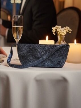 Vintage Beaded Micro Evening Bag Maeve Gray Rhinestone Sparkle Satin Lined Strap